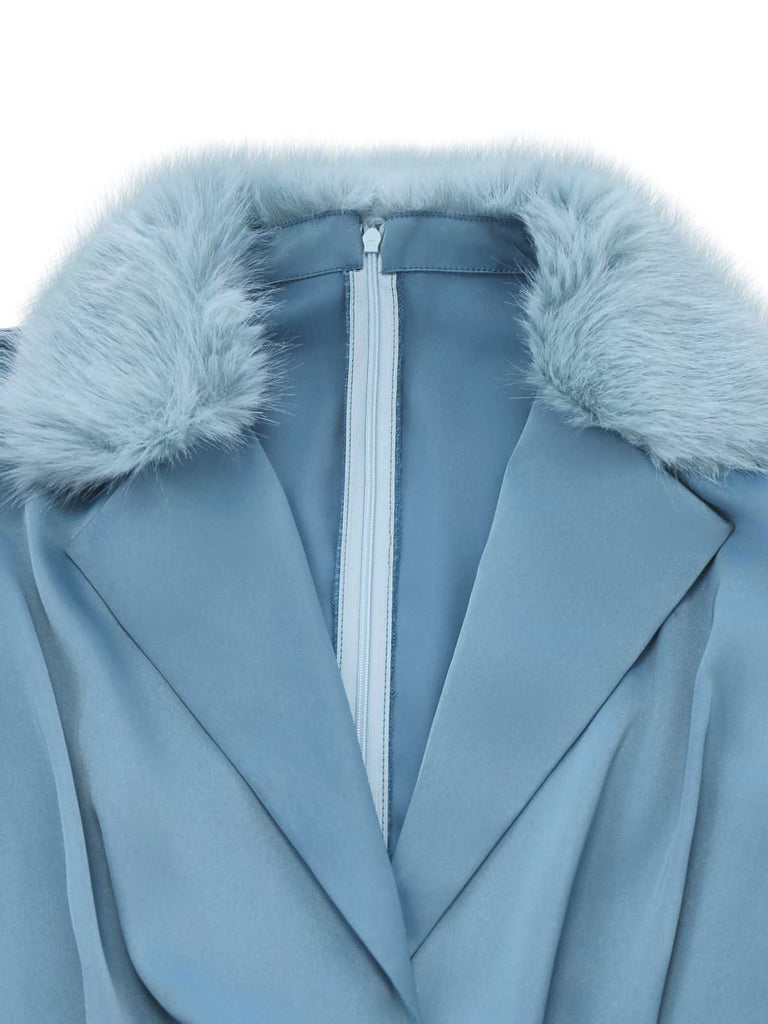 [Pre-Sale] Blue 1970s Fur-Trim Lapel Sequin Belted Jumpsuit