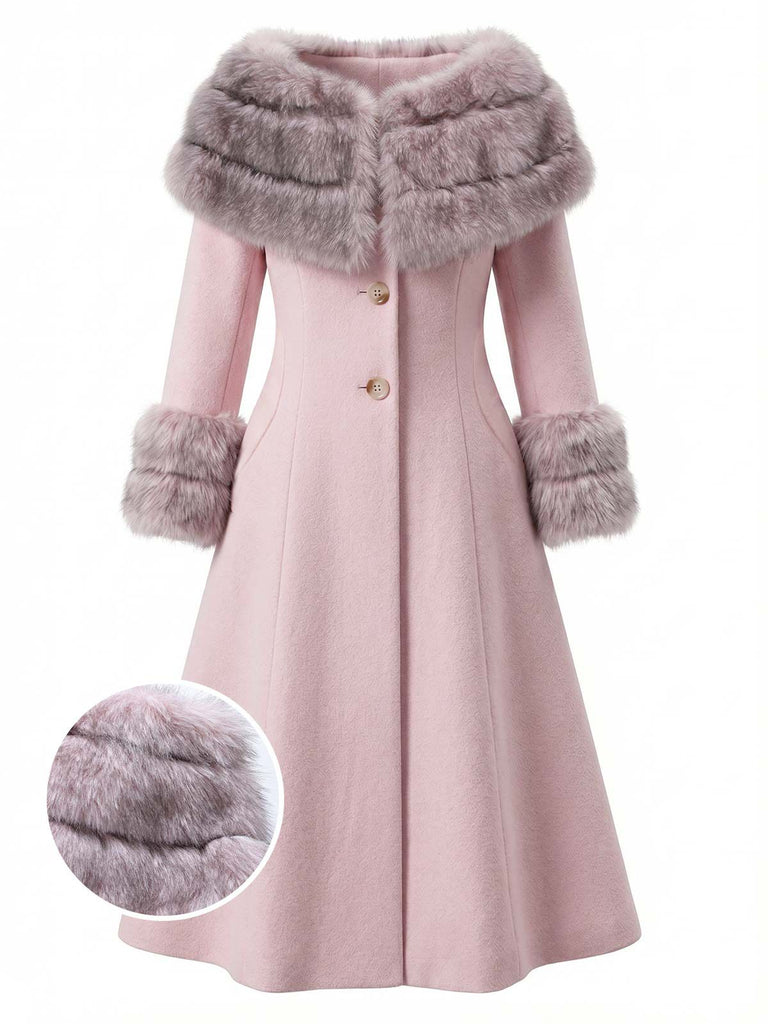 Pink 1950s Multi-Layer Fur Collar Patchwork Coat