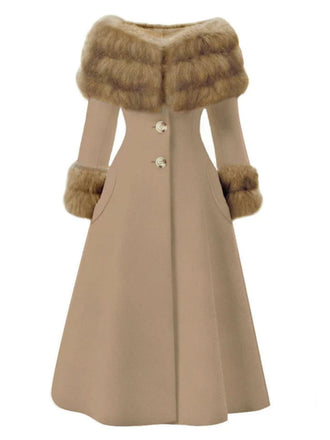 Camel 1950s Multi-Layer Fur Collar Patchwork Coat