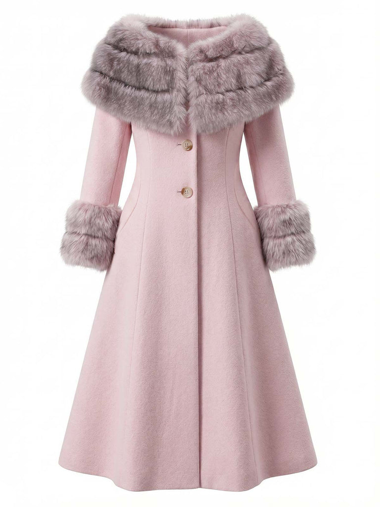 Pink 1950s Multi-Layer Fur Collar Patchwork Coat
