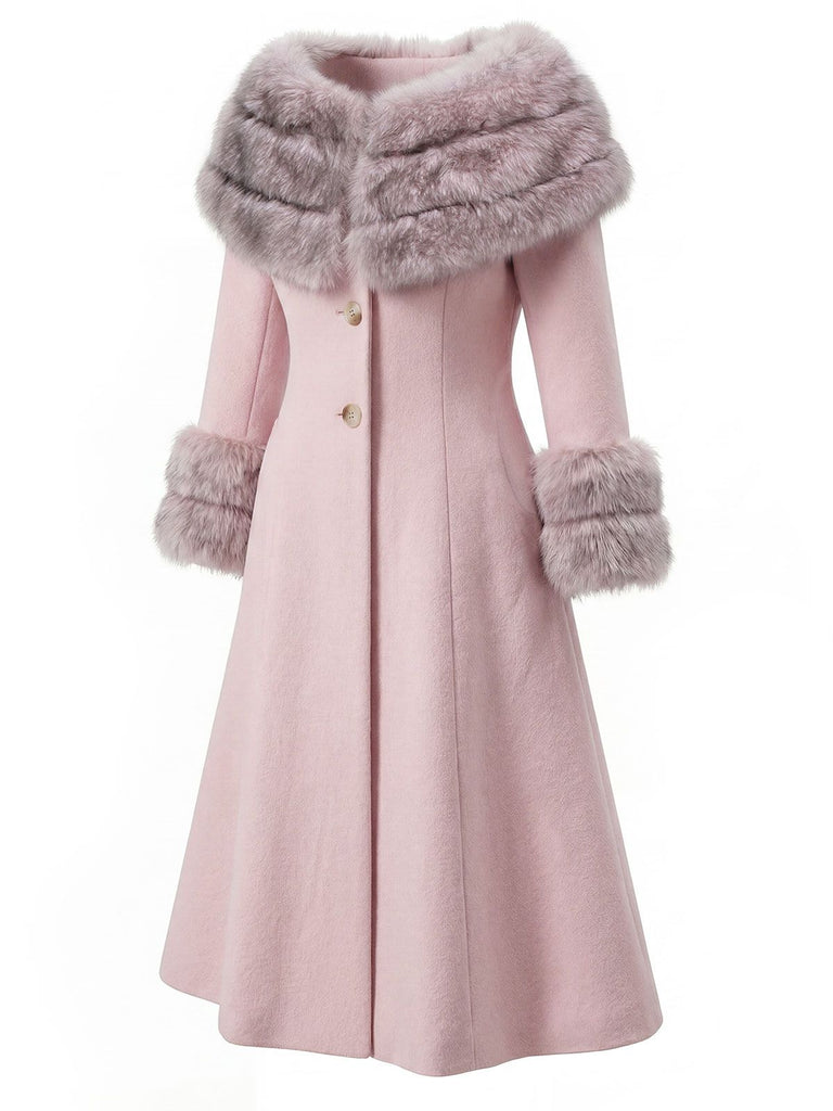 Pink 1950s Multi-Layer Fur Collar Patchwork Coat