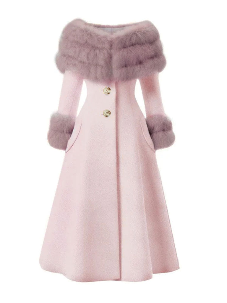 Pink 1950s Multi-Layer Fur Collar Patchwork Coat