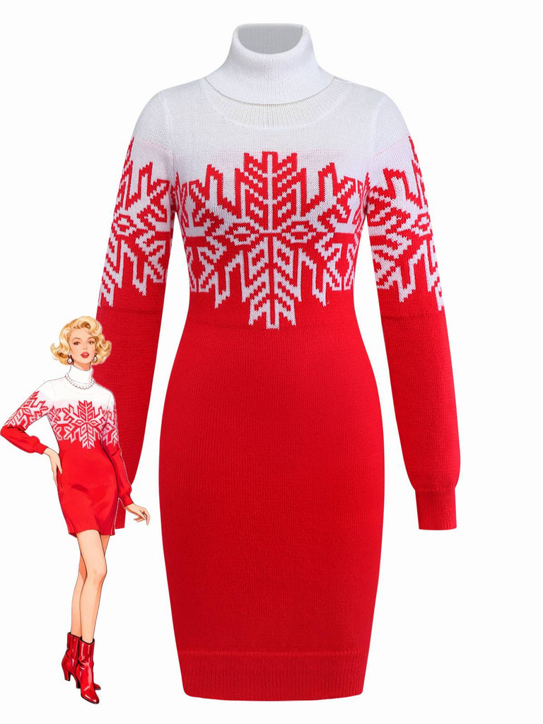 Red & White 1960s Snowflake Turtleneck Sweater Dress