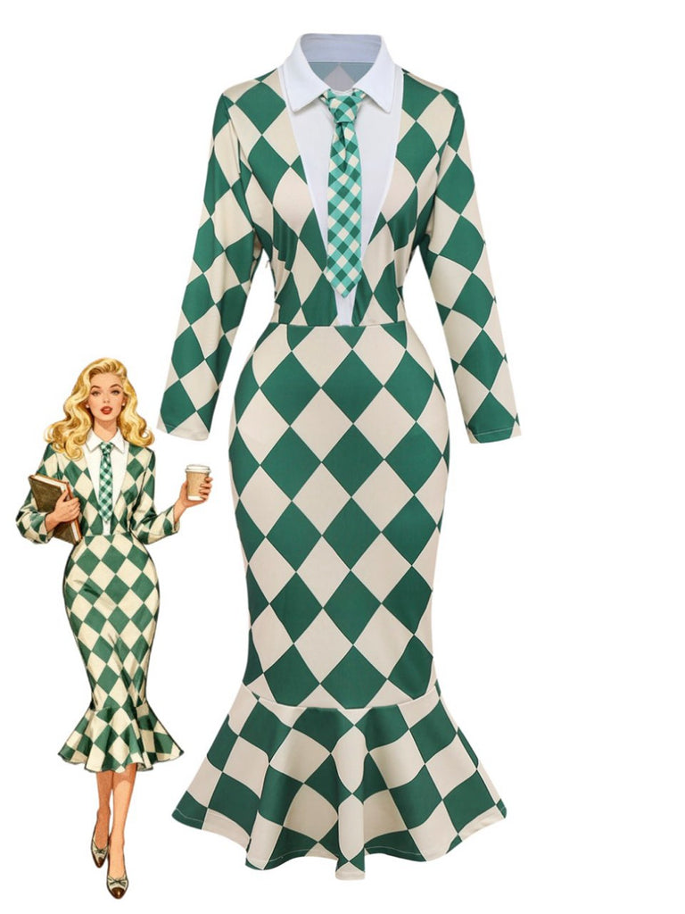 Green 1970s Argyle Fishtail Dress With Tie