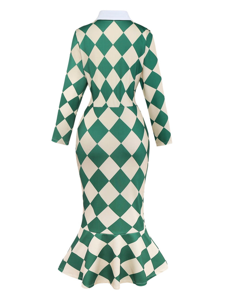 Green 1970s Argyle Fishtail Dress With Tie