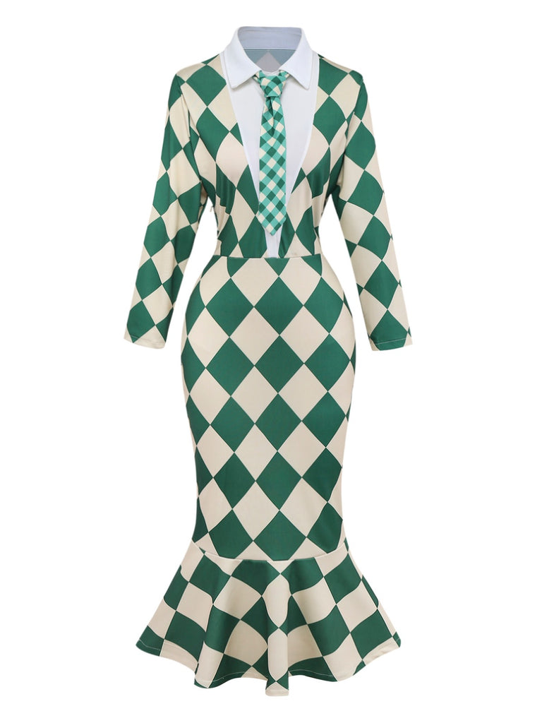 Green 1970s Argyle Fishtail Dress With Tie
