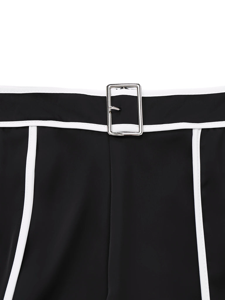 2PCS Black 1930s Binding Stand Collar Knitted Top & Wide-Leg Pants