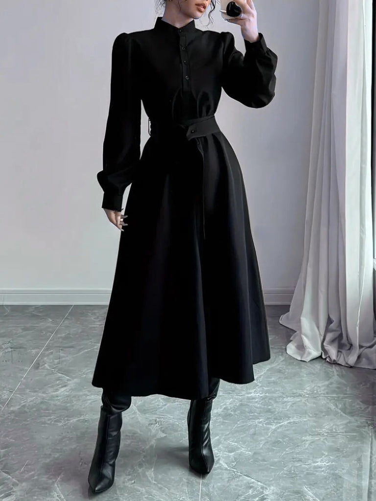 Black 1970s Solid Button Belted Dress