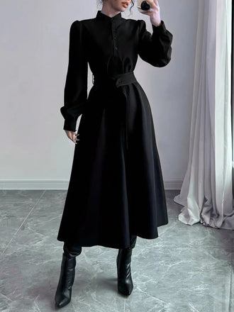 Black 1970s Solid Button Belted Dress