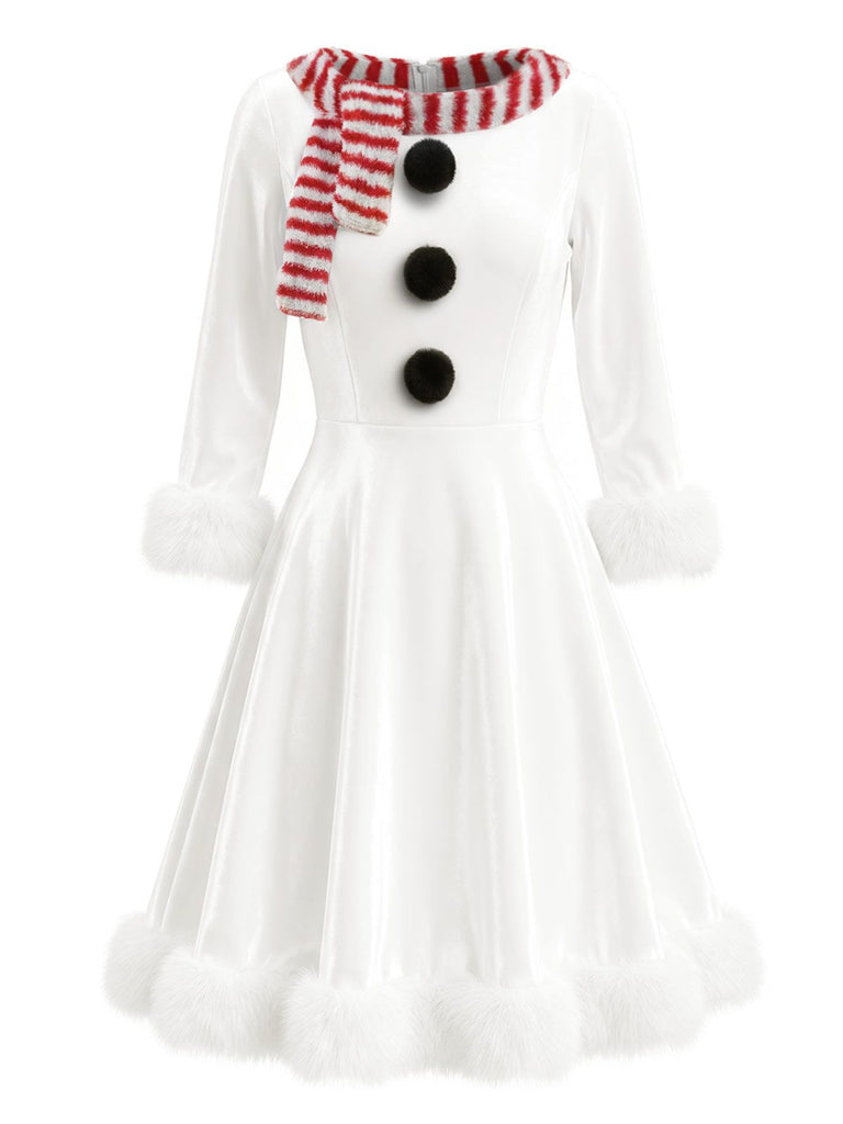 Red & White Christmas Snowman Velvet Dress
