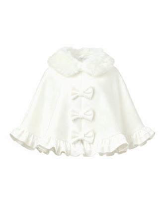 [Pre-Sale] White 1940s Fur-Collar Bow Ruffled Hem Cape