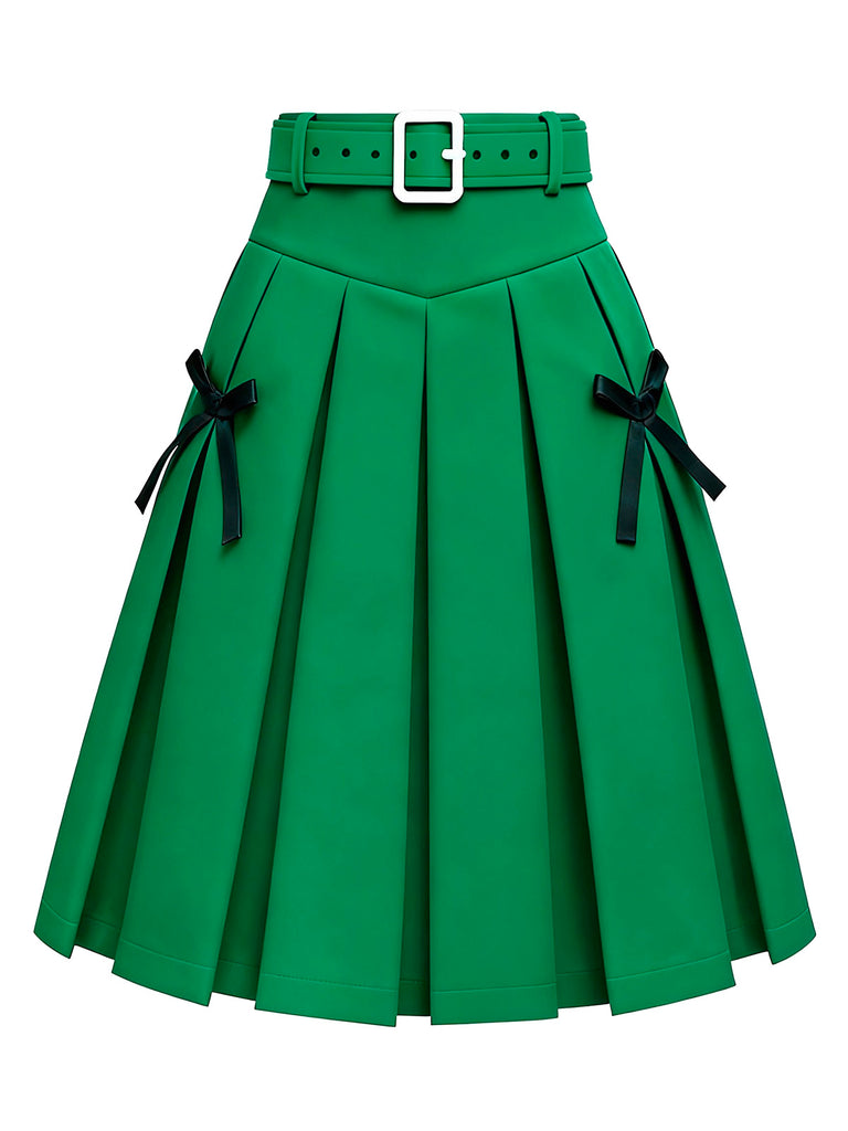 [Pre-Sale] Green 1950s Bow Solid Belted Pleated Skirt