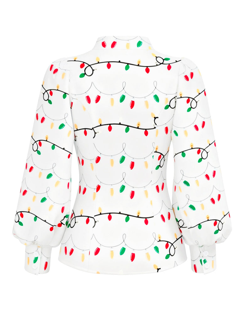 [Pre-Sale] White 1950s Tie Neck Christmas Lights Print Blouse