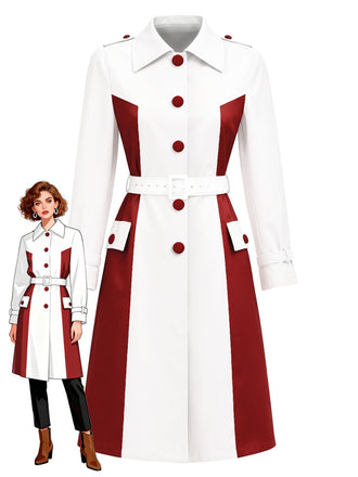 [Pre-Sale] White & Red Color-Block Belted Trench Coat