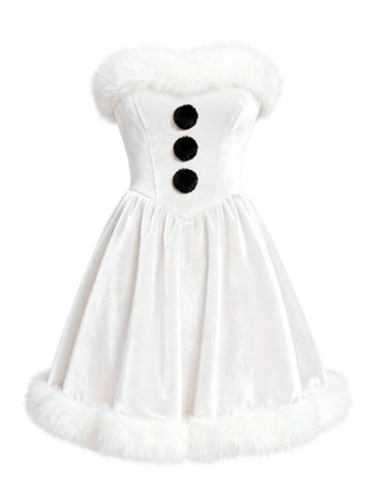 [Pre-Sale] White 1960s Snowman Velvet Plush Trim Strapless Dress