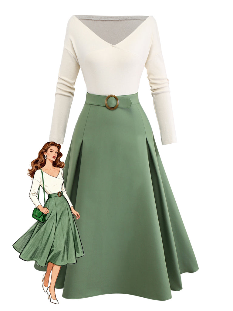 [Pre-Sale] Beige & Green 1950s Knit Off-Shoulder Pleated Dress
