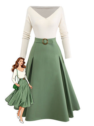 [Pre-Sale] Beige & Green 1950s Knit Off-Shoulder Pleated Dress
