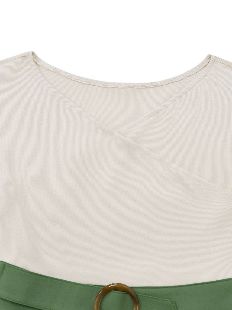 [Pre-Sale] Beige & Green 1950s Knit Off-Shoulder Pleated Dress