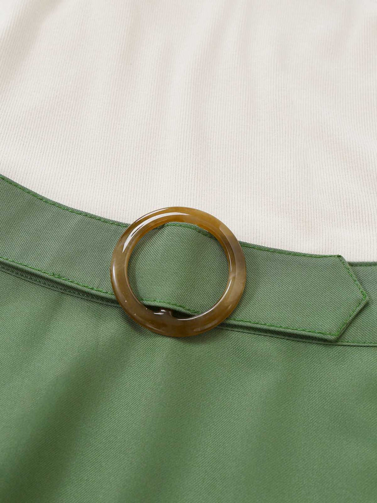 [Pre-Sale] Beige & Green 1950s Knit Off-Shoulder Pleated Dress