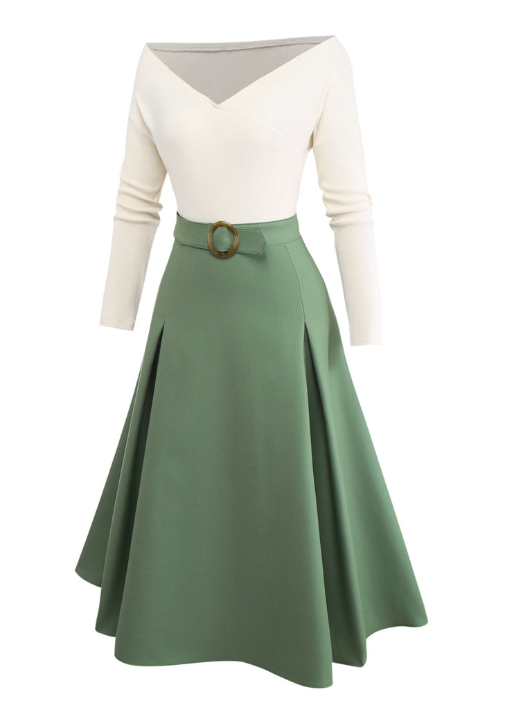 [Pre-Sale] Beige & Green 1950s Knit Off-Shoulder Pleated Dress