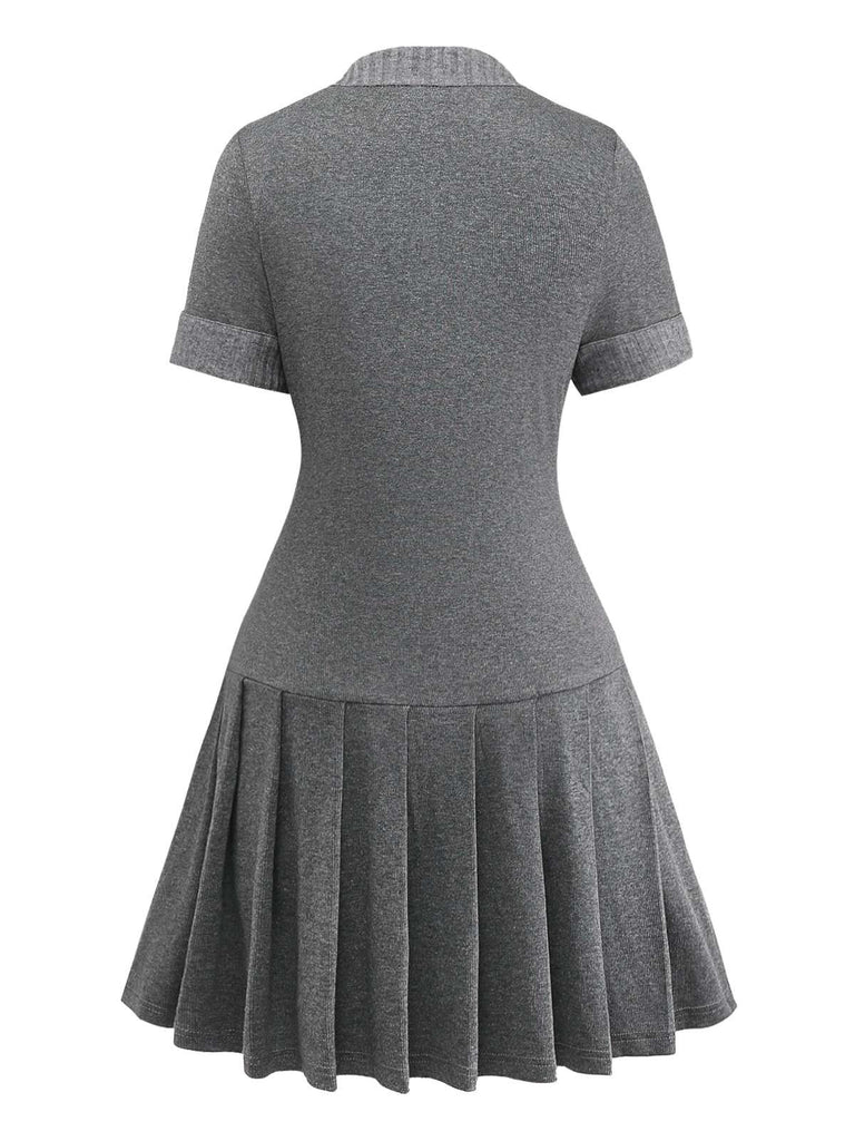 [Pre-Sale] Gray 1970s Knitted Leather Buckle Pleated Dress