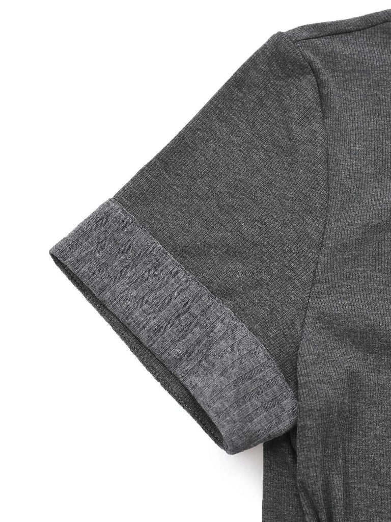 [Pre-Sale] Gray 1970s Knitted Leather Buckle Pleated Dress