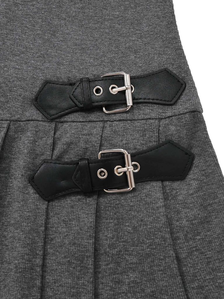 [Pre-Sale] Gray 1970s Knitted Leather Buckle Pleated Dress