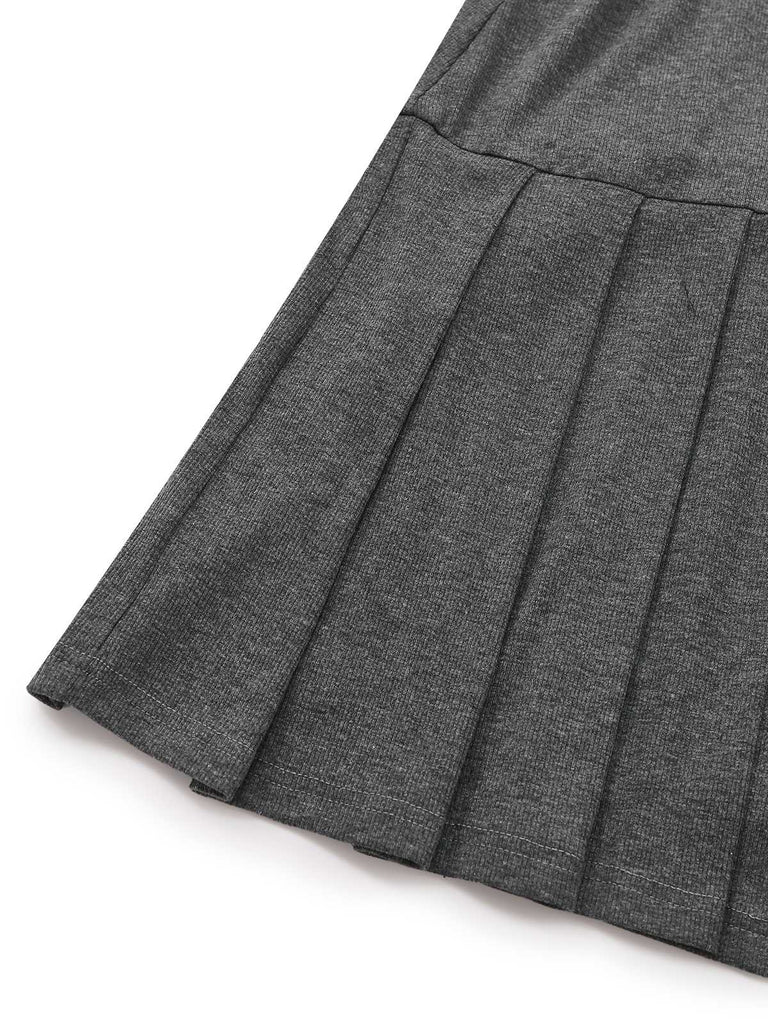 [Pre-Sale] Gray 1970s Knitted Leather Buckle Pleated Dress