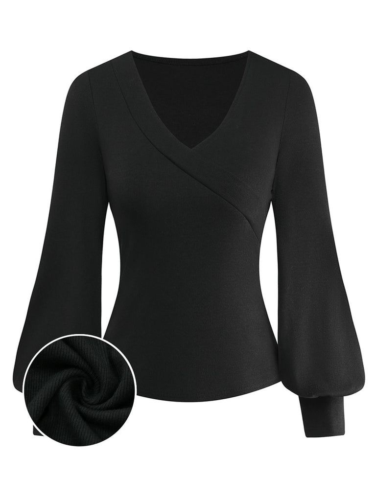 [Pre-Sale] Black 1950S V-Neck Lantern Sleeve Knitted Top