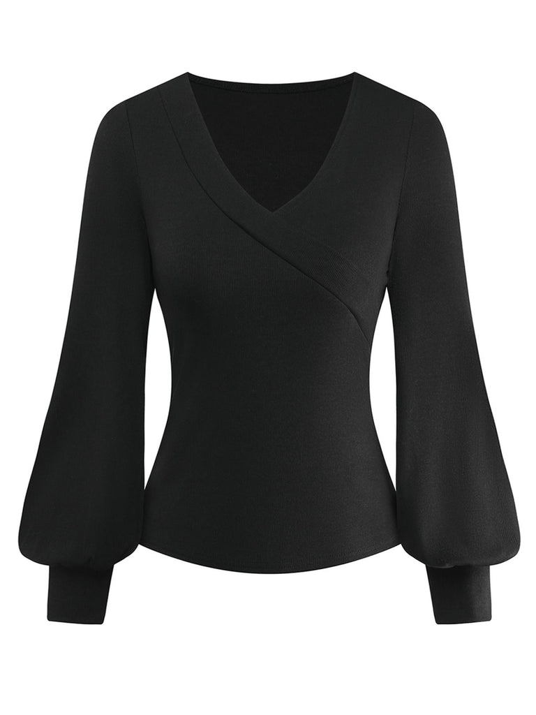 [Pre-Sale] Black 1950S V-Neck Lantern Sleeve Knitted Top