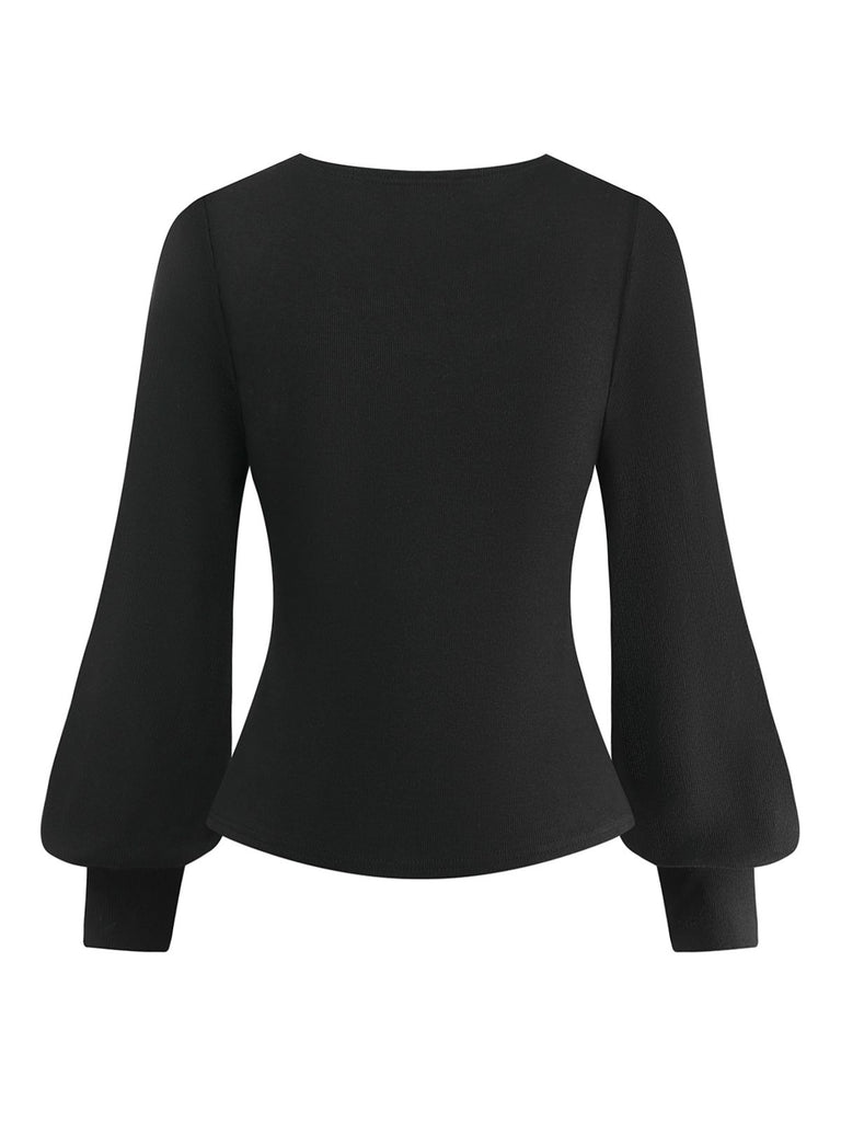 [Pre-Sale] Black 1950S V-Neck Lantern Sleeve Knitted Top