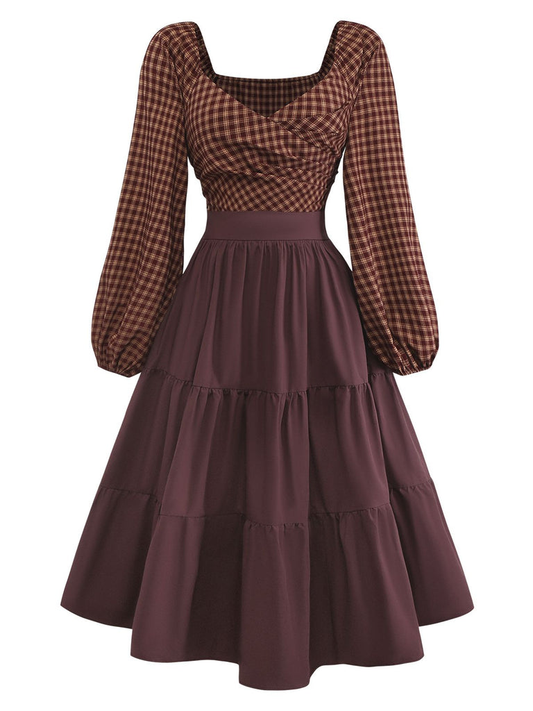 [Pre-Sale] Brown 1950s Gingham Lace-Up Backless Tiered Dress