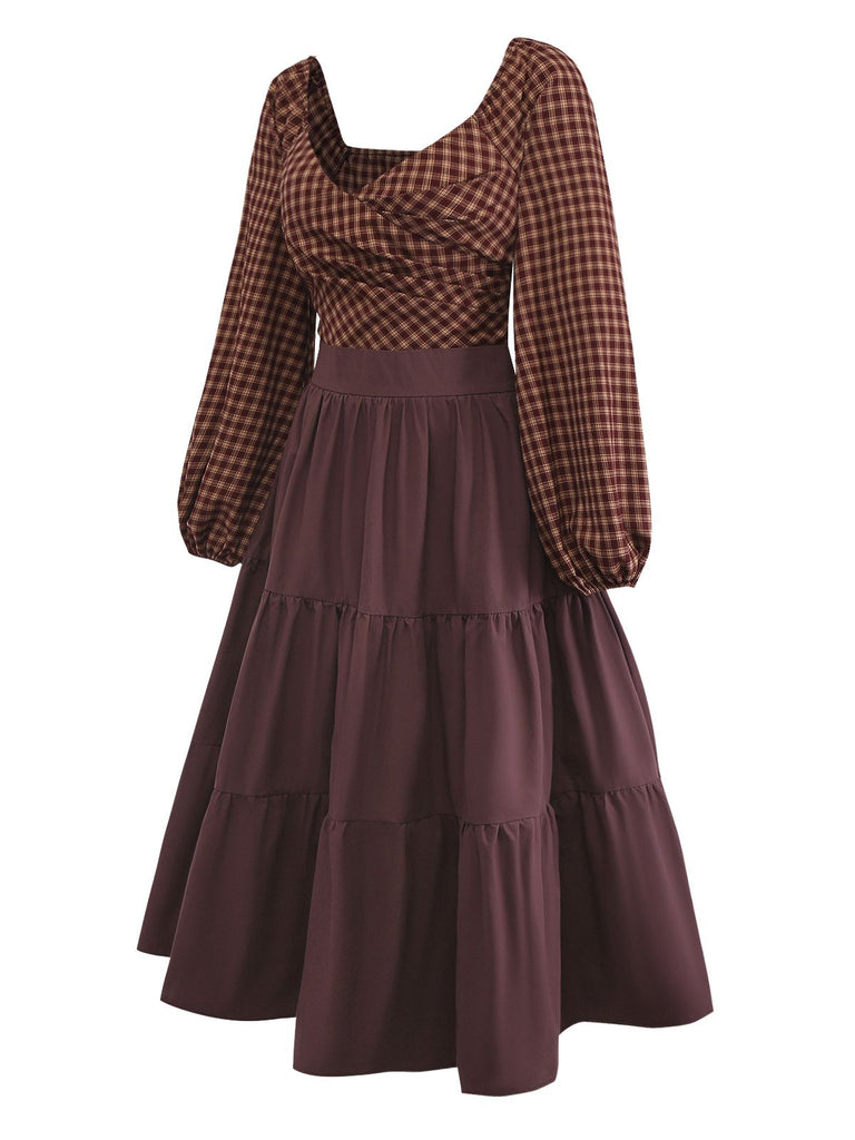 [Pre-Sale] Brown 1950s Gingham Lace-Up Backless Tiered Dress