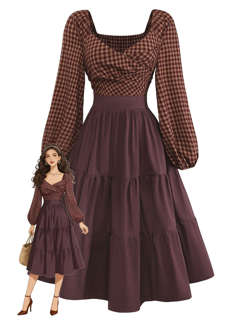 [Pre-Sale] Brown 1950s Gingham Lace-Up Backless Tiered Dress