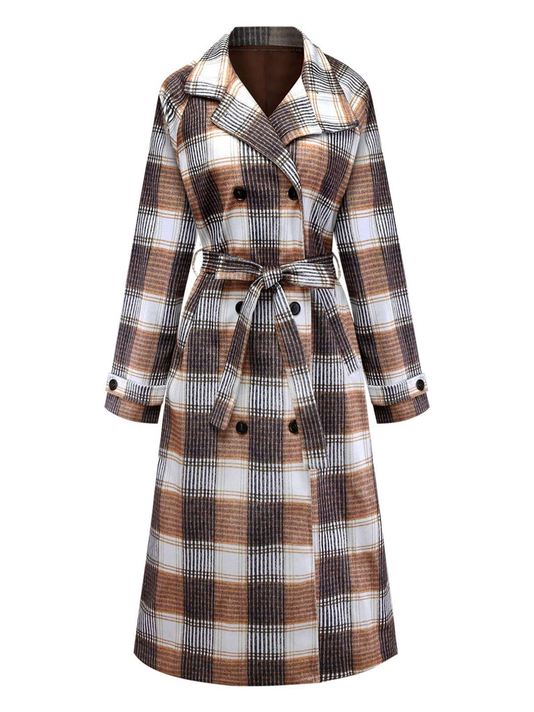Khaki 1930s Gingham Plaid Faux-Wool Coat