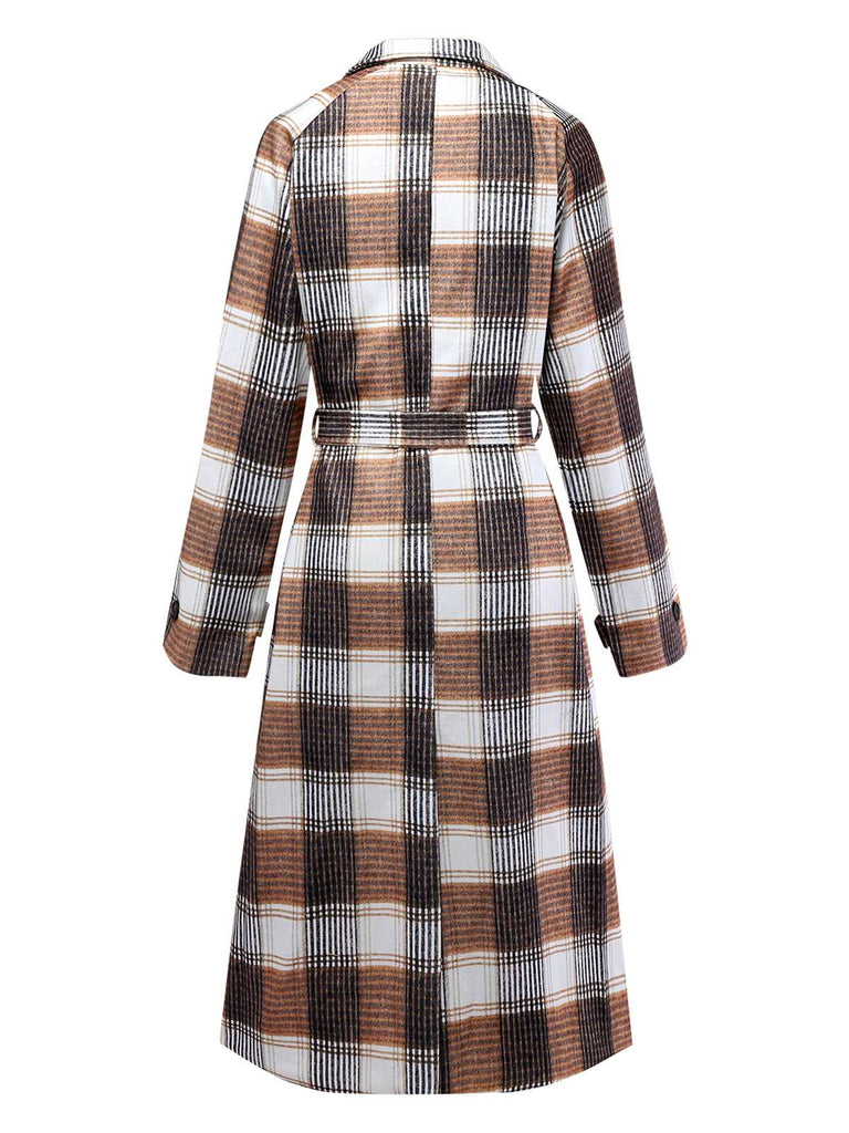 Khaki 1930s Gingham Plaid Faux-Wool Coat