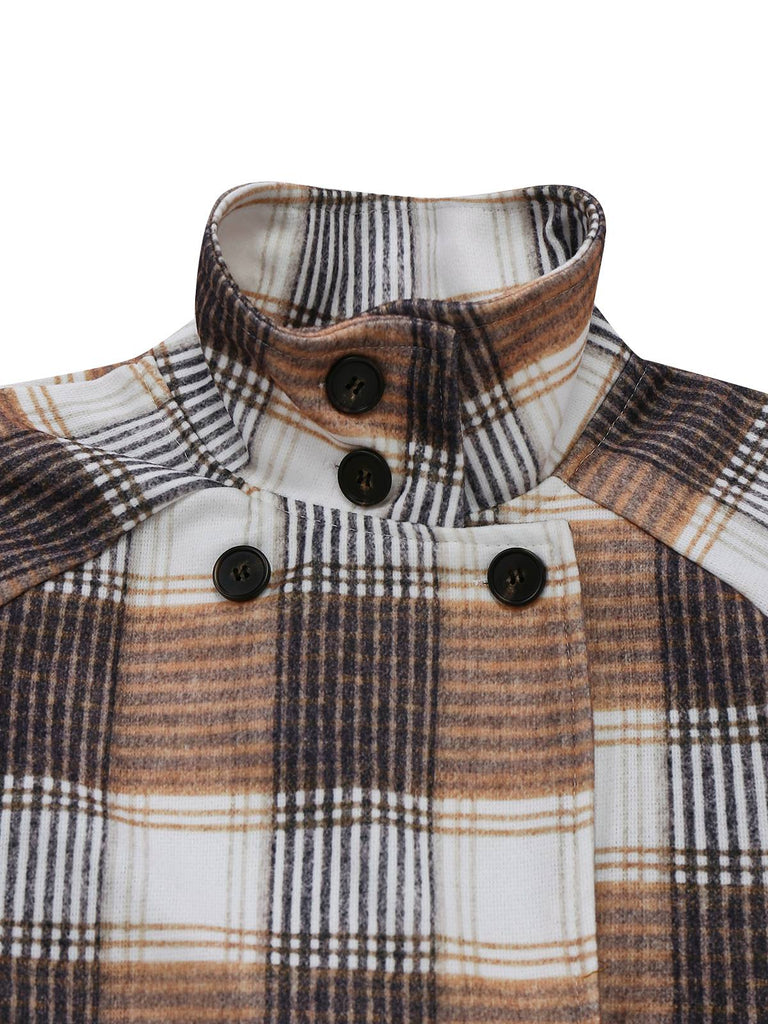 Khaki 1930s Gingham Plaid Faux-Wool Coat