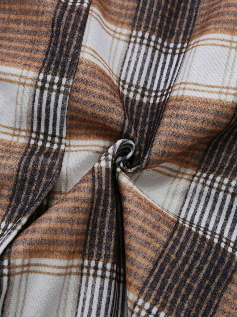 Khaki 1930s Gingham Plaid Faux-Wool Coat