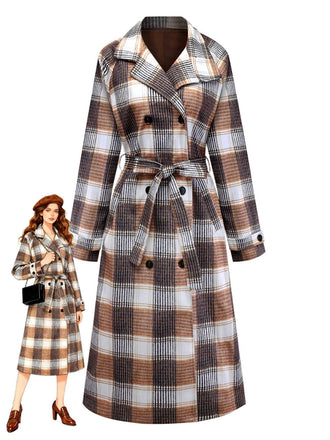 Khaki 1930s Gingham Plaid Faux-Wool Coat