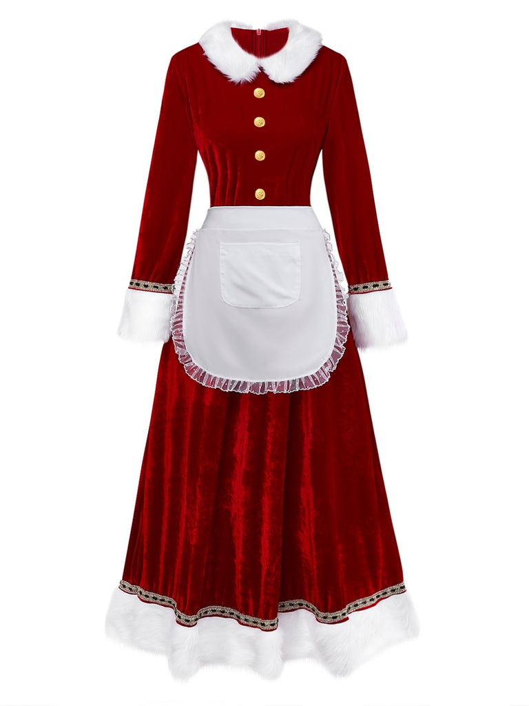 Red 1930s Mrs. Claus Costume Velvet Dress Set