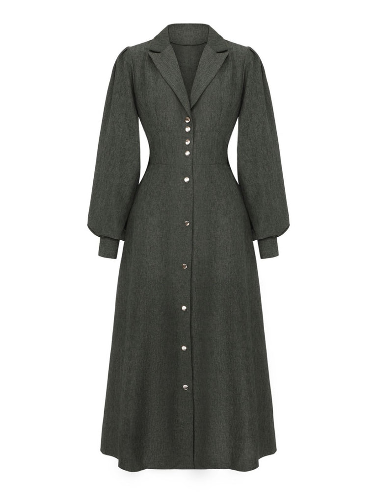 1940s Notched Collar Lantern Sleeve Button Dress