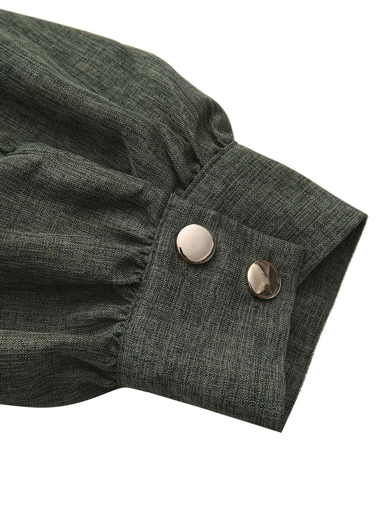 1940s Notched Collar Lantern Sleeve Button Dress