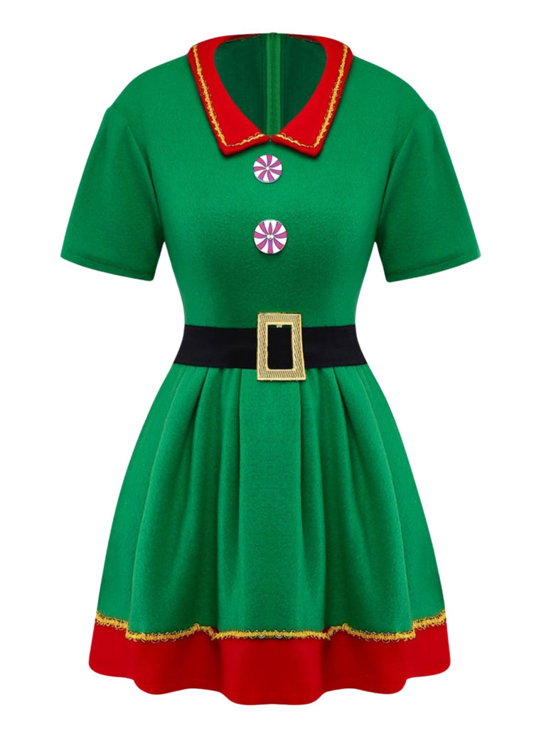 Green 1960s Christmas Elf Cosplay Costume Dress Set