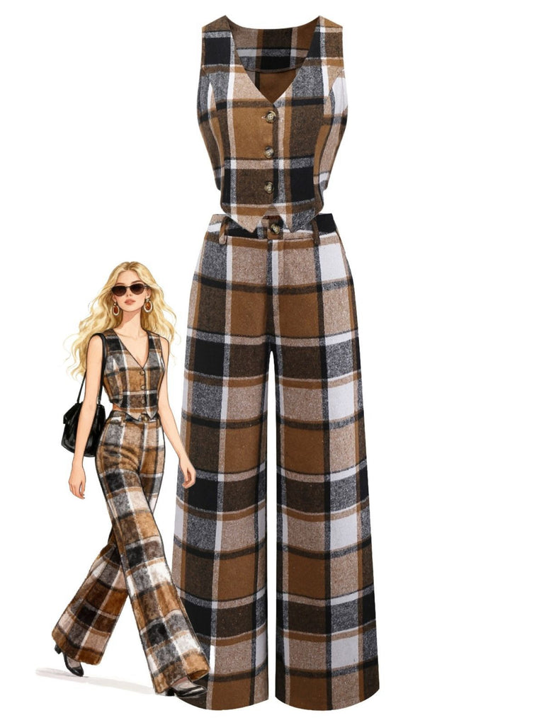 2PCS Khaki 1950s Faux Wool Plaid Sleeveless Vest & Pants
