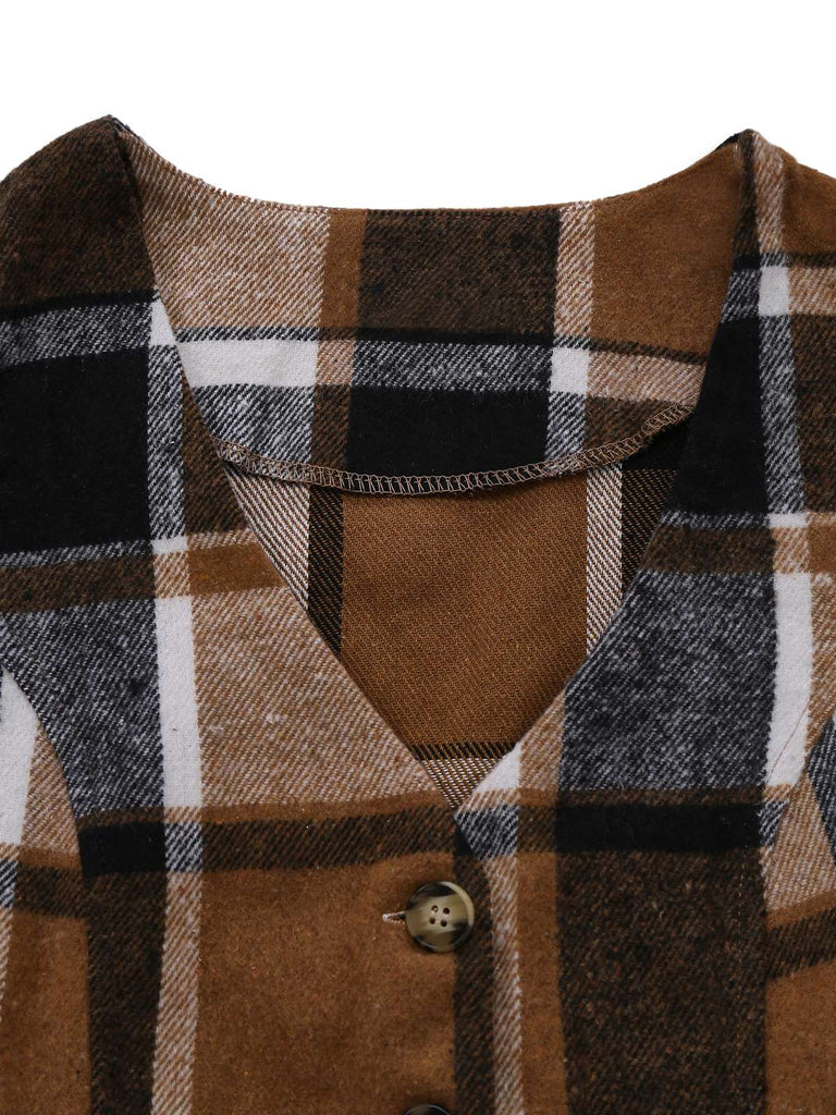 2PCS Khaki 1950s Faux Wool Plaid Sleeveless Vest & Pants