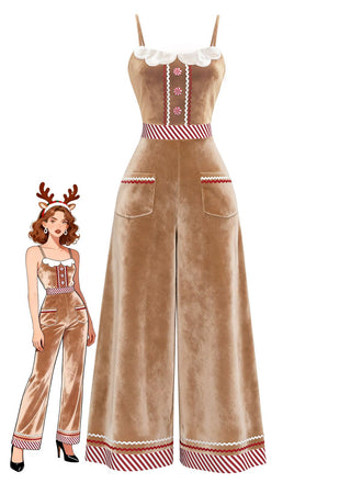 [Pre-Sale] Brown 1970s Gingerbread Velvet Strap Jumpsuit