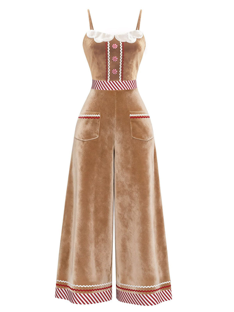 [Pre-Sale] Brown 1970s Gingerbread Velvet Strap Jumpsuit