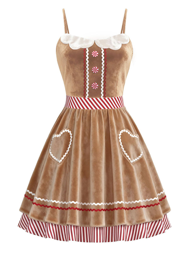 [Pre-Sale] Brown 1960s Gingerbread Heart Stripe Velvet Strap Dress