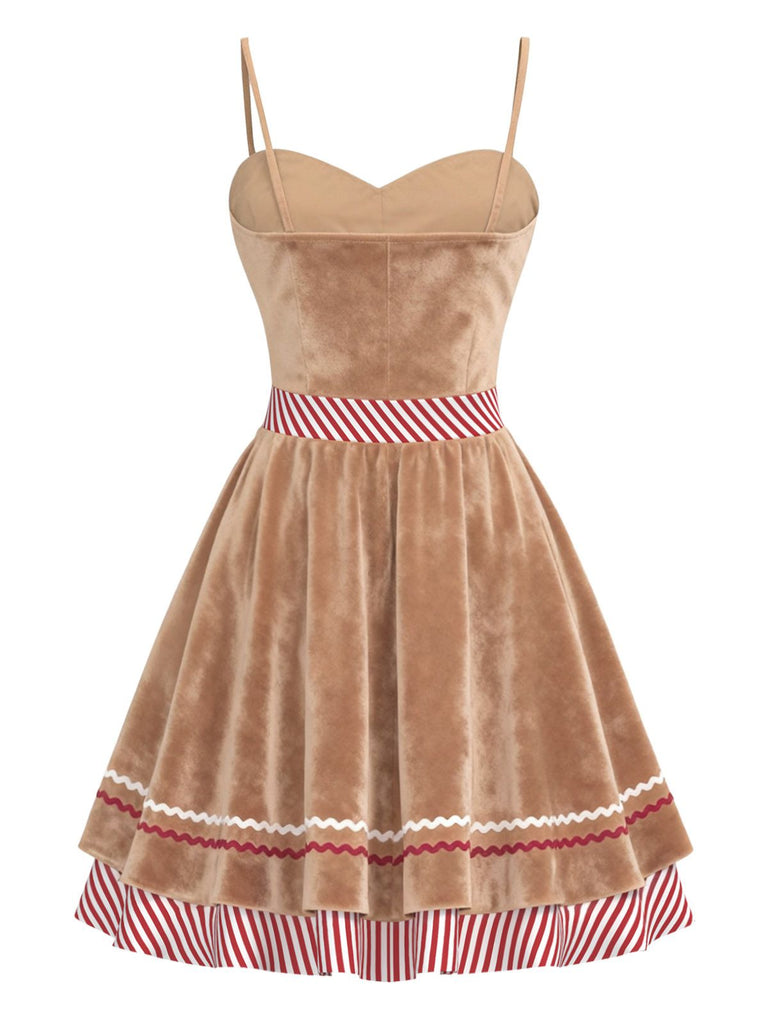 [Pre-Sale] Brown 1960s Gingerbread Heart Stripe Velvet Strap Dress