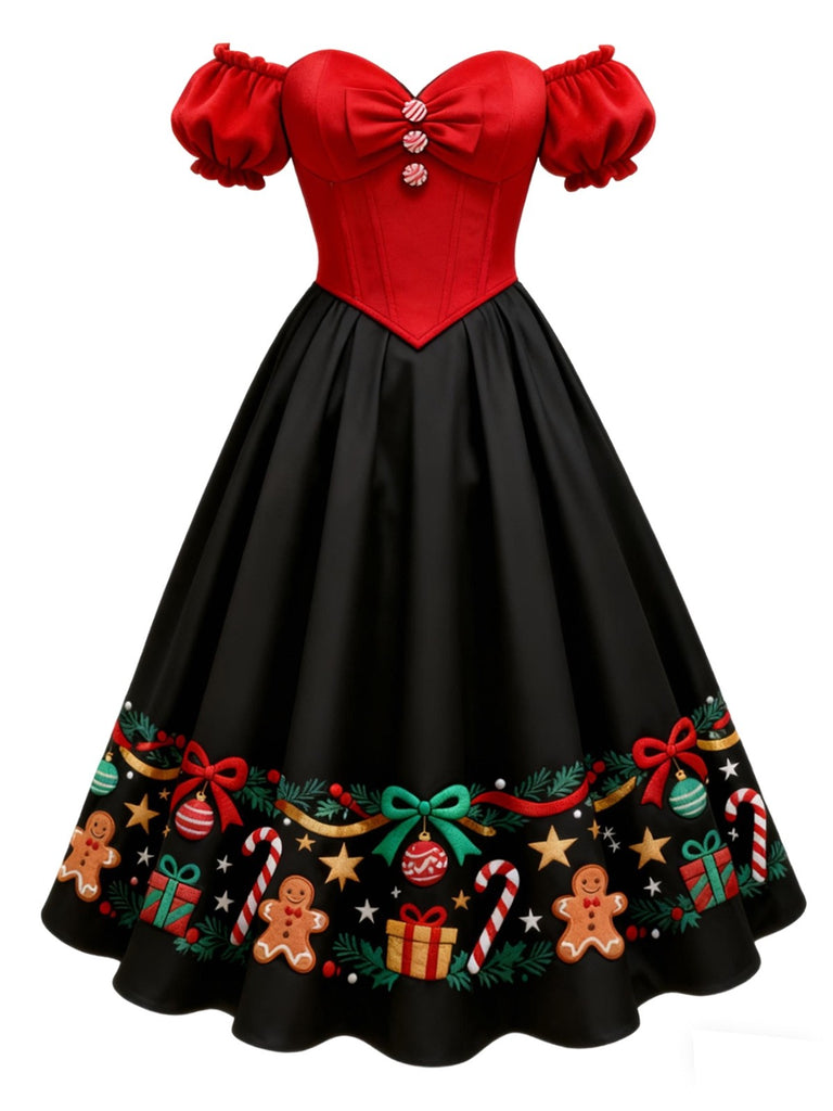 [Pre-Sale] Red & Black 1950s Christmas Off-Shoulder Dress